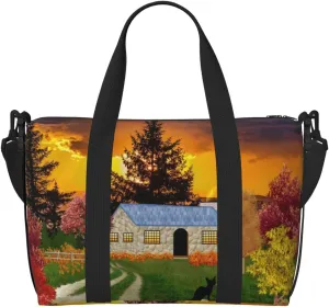 Fall Village Scenery Travel Bag for Women Men Weekender Bags Carry on Overnight Bag Tote Bag Yoga Gym Bag for Gym, Work, Weekend, Travel, Personal Items