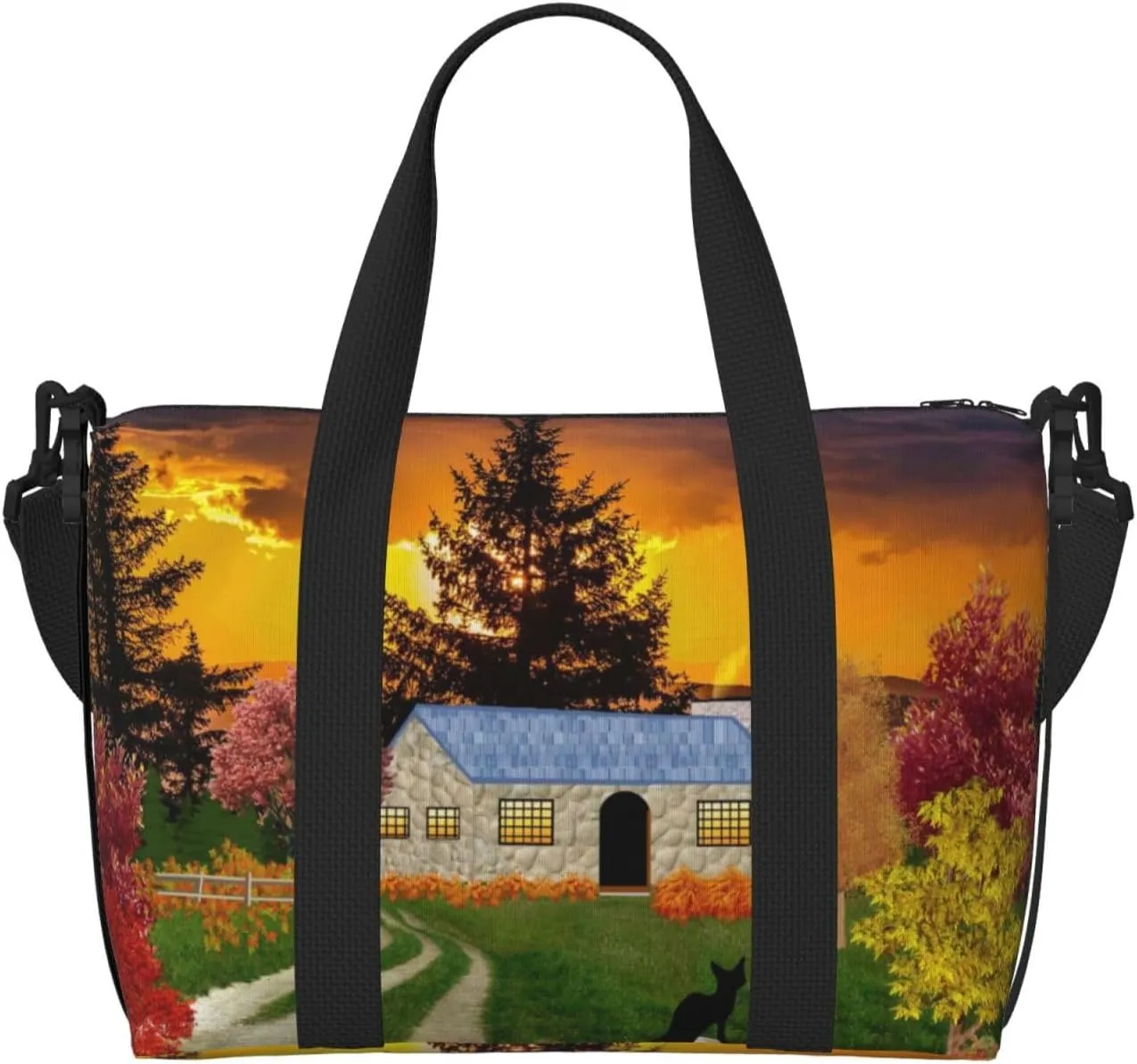 Fall Village Scenery Travel Bag for Women Men Weekender Bags Carry on Overnight Bag Tote Bag Yoga Gym Bag for Gym, Work, Weekend, Travel, Personal Items