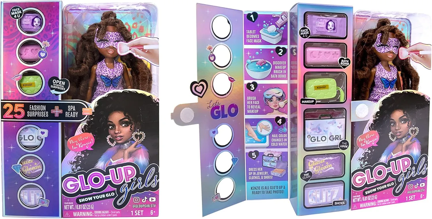Far Out Toys GLO-UP Girls Kenzie African American Girl Fashion Doll, 25 Fabulous Suprises, Accessories, Purses, Bath Bomb, Spa Face Masks, Color-Changing Nail Play