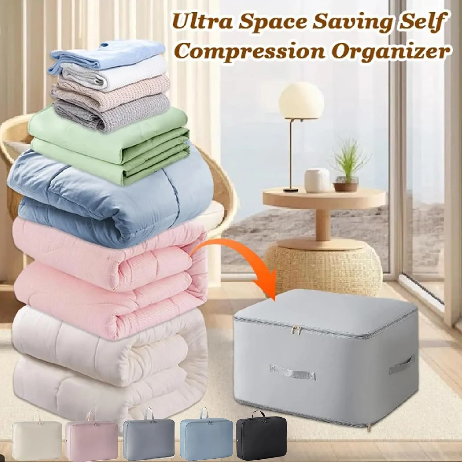 FETNHU Space Saving Self Compression Organizer, Heavy Duty Moving Bags, Travel Packing Organizers Storage Tote for Clothes Comforters,Blankets,Bedding (Blue,XL)