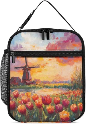 Field Of Tulips And Windmill Lunch Bag for Men Women Small Reusable Leakproof Insulated Lunch Box Adjustable Handbag