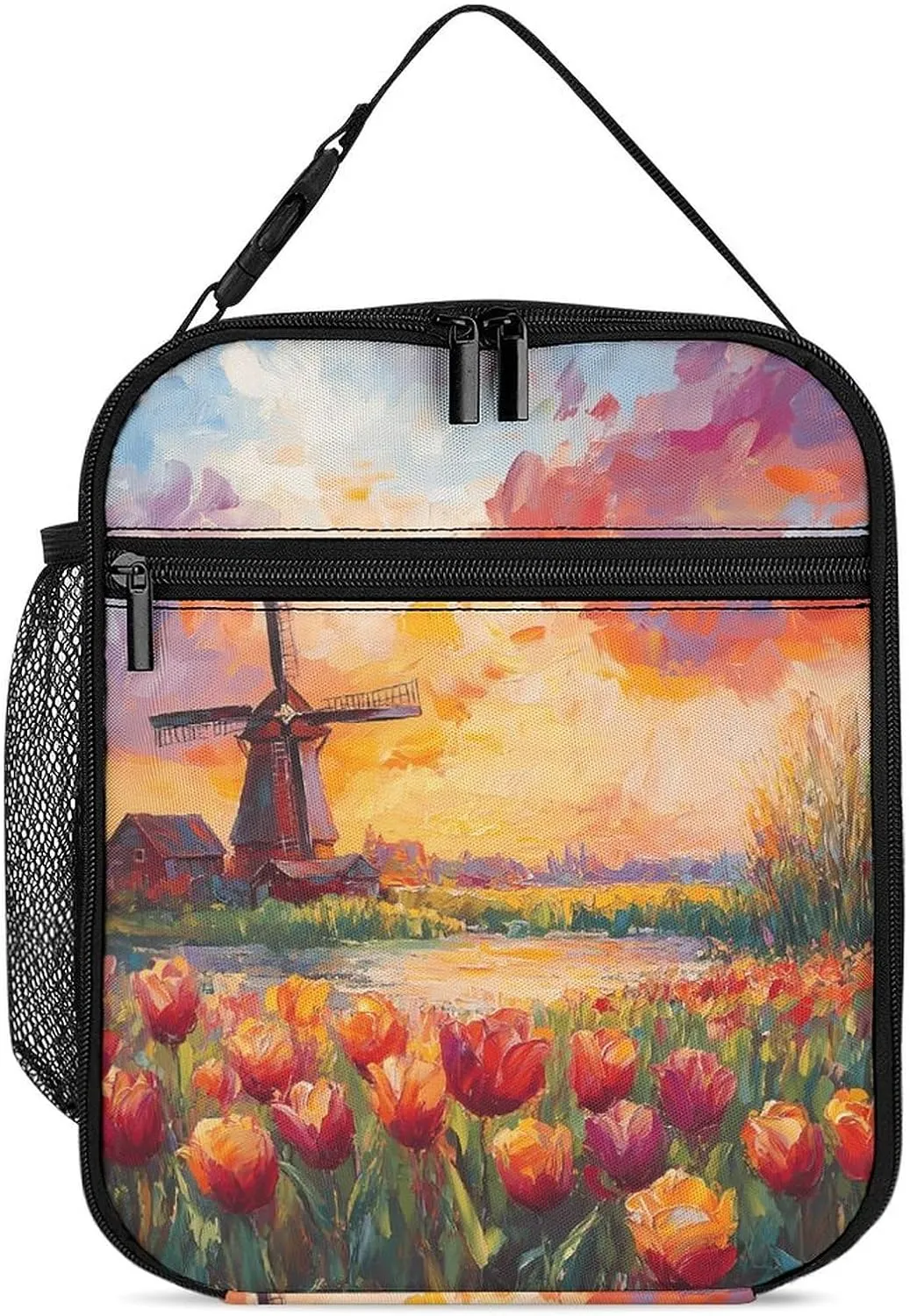 Field Of Tulips And Windmill Lunch Bag for Men Women Small Reusable Leakproof Insulated Lunch Box Adjustable Handbag