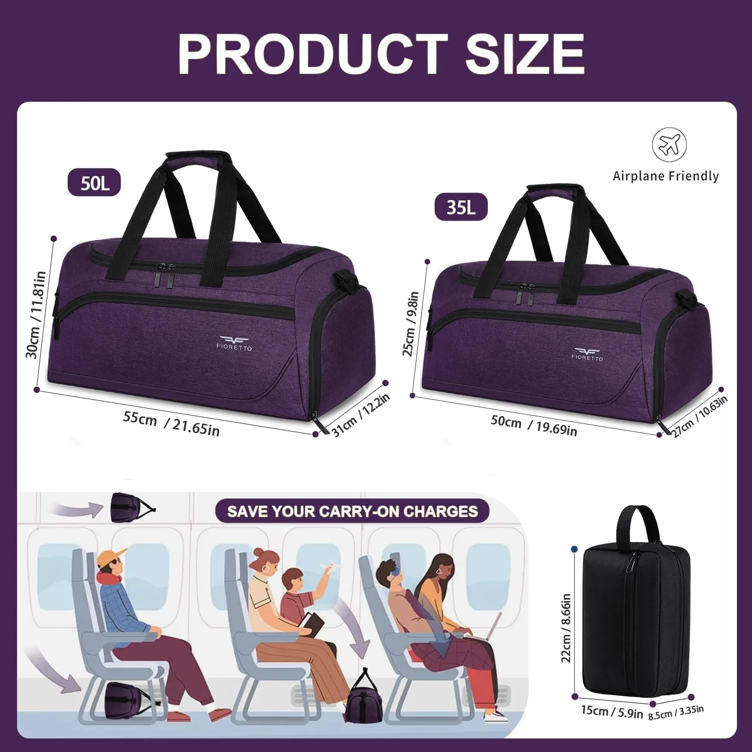 FIORETTO 35L Mens Sports Gym Bag with Toiletry Bag & Shoe Compartment, Travel Duffle Bag Overnight Bag with Padded Shoulder Strap, Sports Holdall for Swimming, Basketball Purple