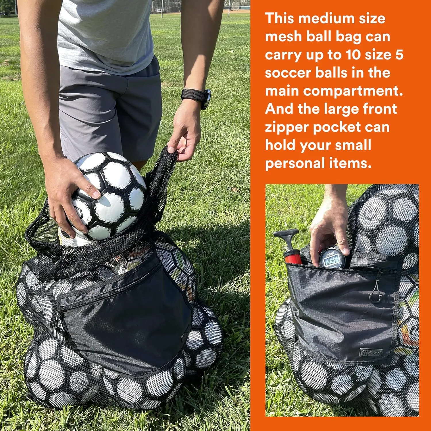 Fitdom Extra Large Heavy Duty Mesh Bag. Best for Soccer Ball, Water Sports, Beach Cloth, Swimming Gears. Adjustable Shoulder Strap. Secure Side Pocket