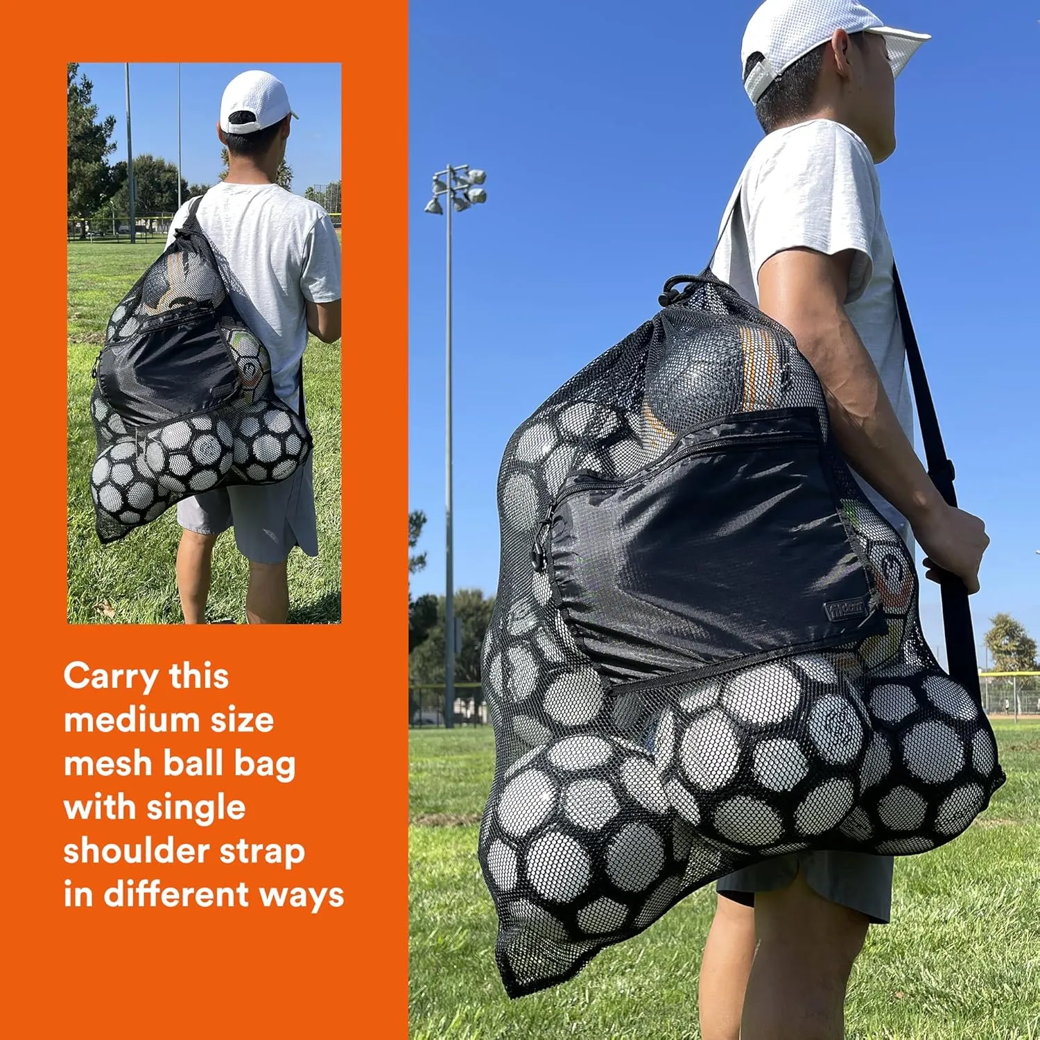 Fitdom Extra Large Heavy Duty Mesh Bag. Best for Soccer Ball, Water Sports, Beach Cloth, Swimming Gears. Adjustable Shoulder Strap. Secure Side Pocket