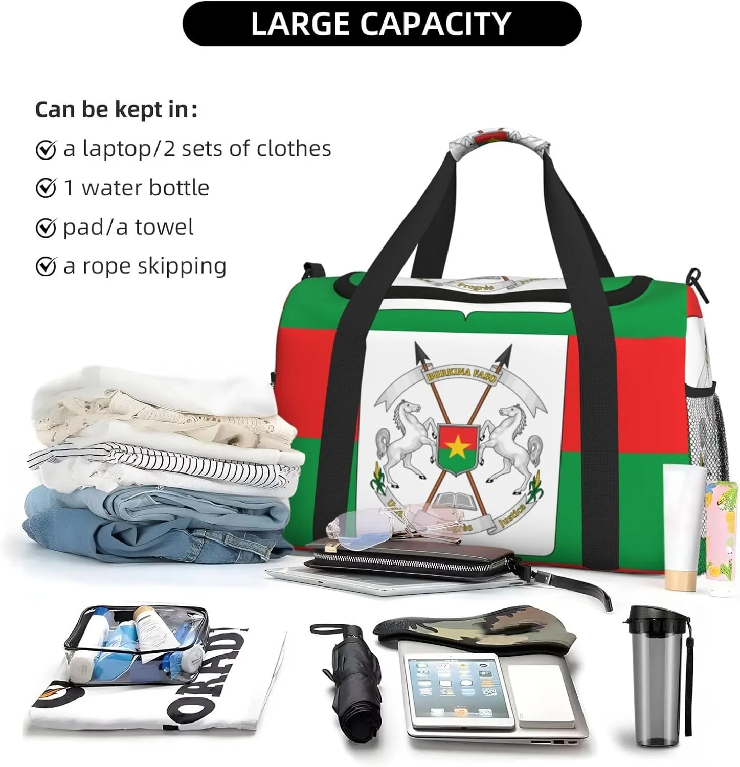 Flag Of Burkina Travel Duffel Bag Large Foldable Waterproof Overnight Bag For Beach Swim Bags Pool Sports Gym
