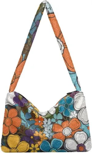 Flowers Colorful Cartoon Womens Shoulder Bags, Shoulder Tote Bag with Zipper, Autumn Handbags