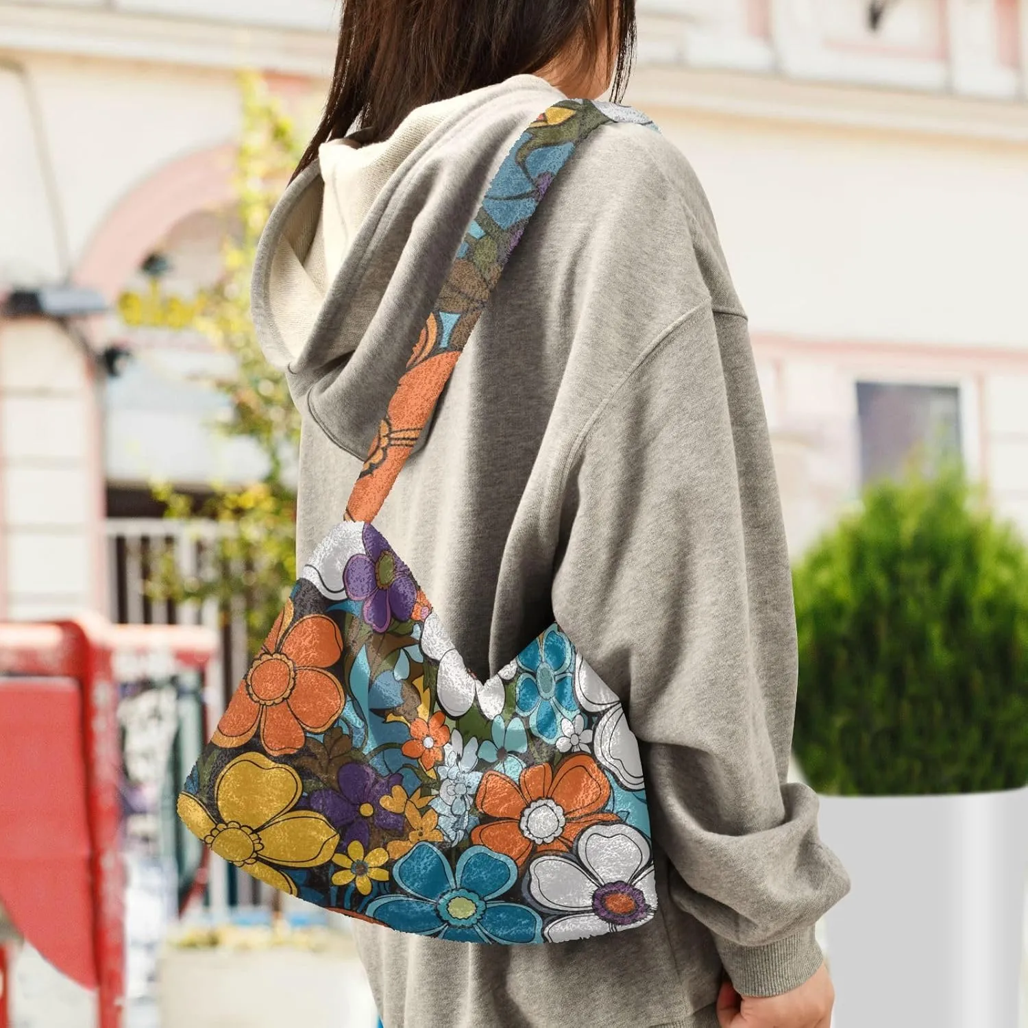 Flowers Colorful Cartoon Womens Shoulder Bags, Shoulder Tote Bag with Zipper, Autumn Handbags