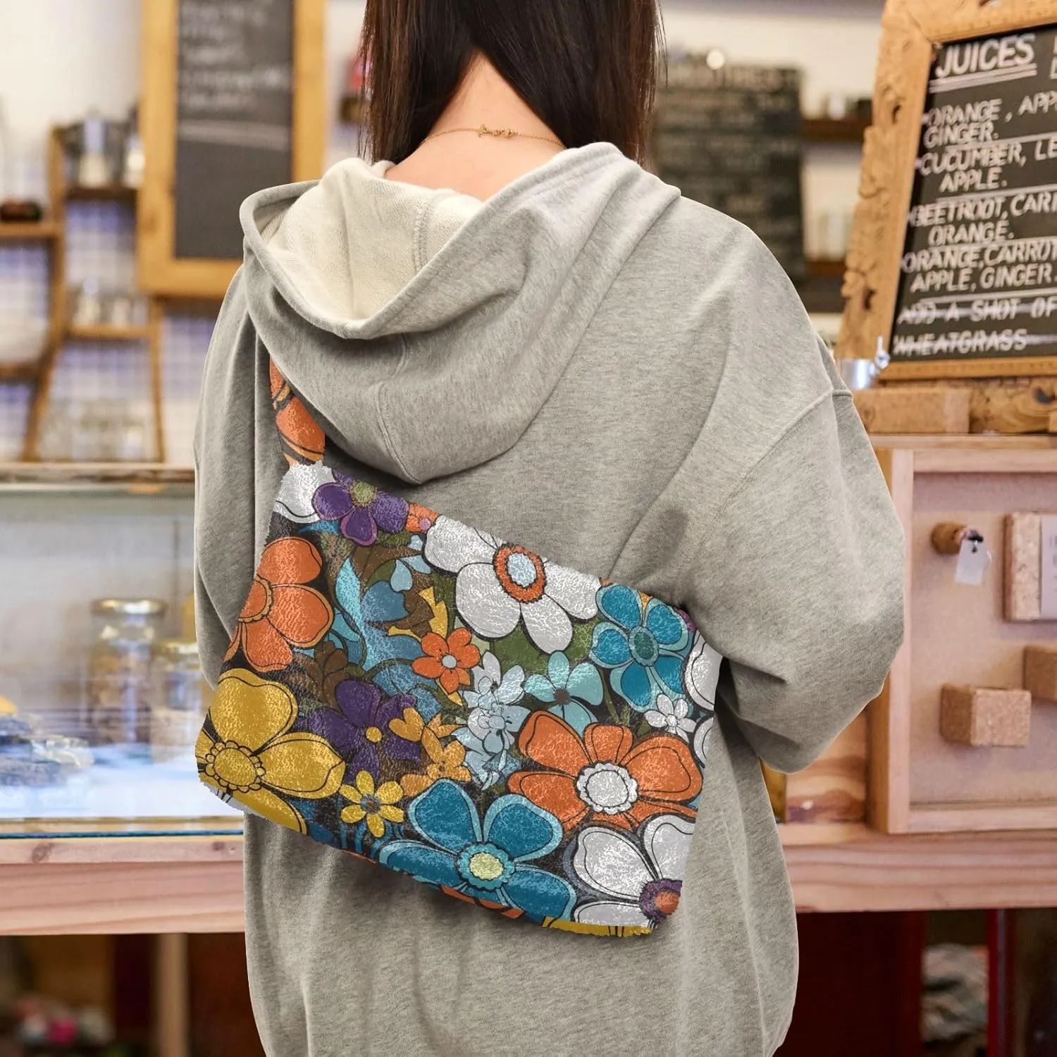 Flowers Colorful Cartoon Womens Shoulder Bags, Shoulder Tote Bag with Zipper, Autumn Handbags