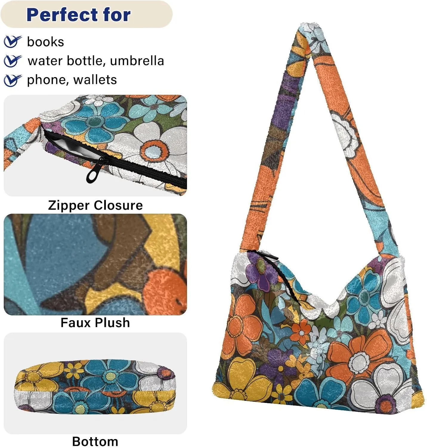 Flowers Colorful Cartoon Womens Shoulder Bags, Shoulder Tote Bag with Zipper, Autumn Handbags
