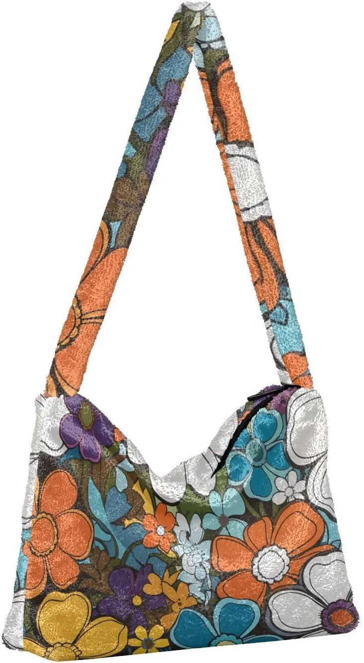 Flowers Colorful Cartoon Womens Shoulder Bags, Shoulder Tote Bag with Zipper, Autumn Handbags