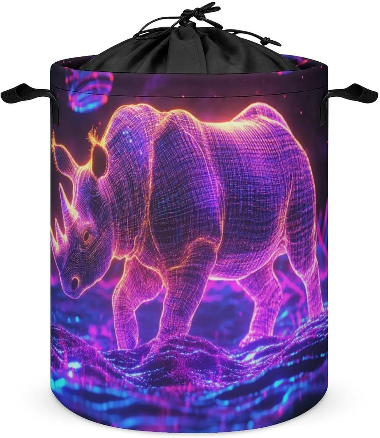 Foldable Laundry Basket, Waterproof Laundry Basket, Collapsible Laundry Bag with Easy Carry Handle, Neon Rhinoceros And Glitching Terrain-240