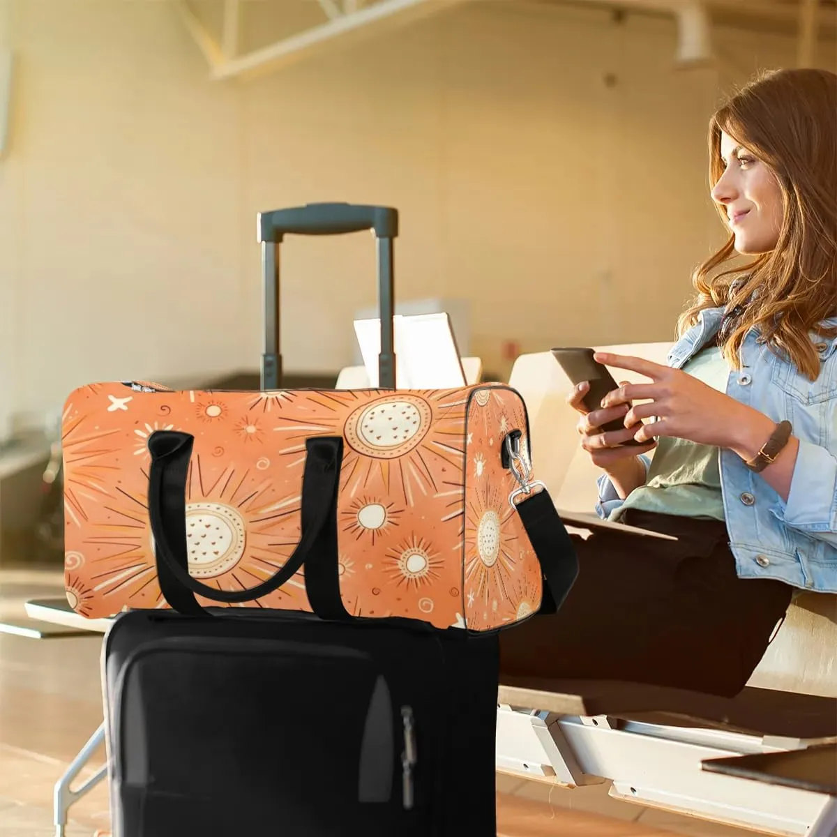 Foldable Travel Bag Cute Sun Print Lightweight Carry On Bags for Airplanes Waterproof Travel Duffle Bag For Gym Weekend Overnight