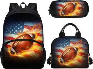 Football School Bookbags for Kids Burning Rugby Shoulders Package Lunch Box Pen Bags for Kids Back to School Gift 3 Pcs School Supplies