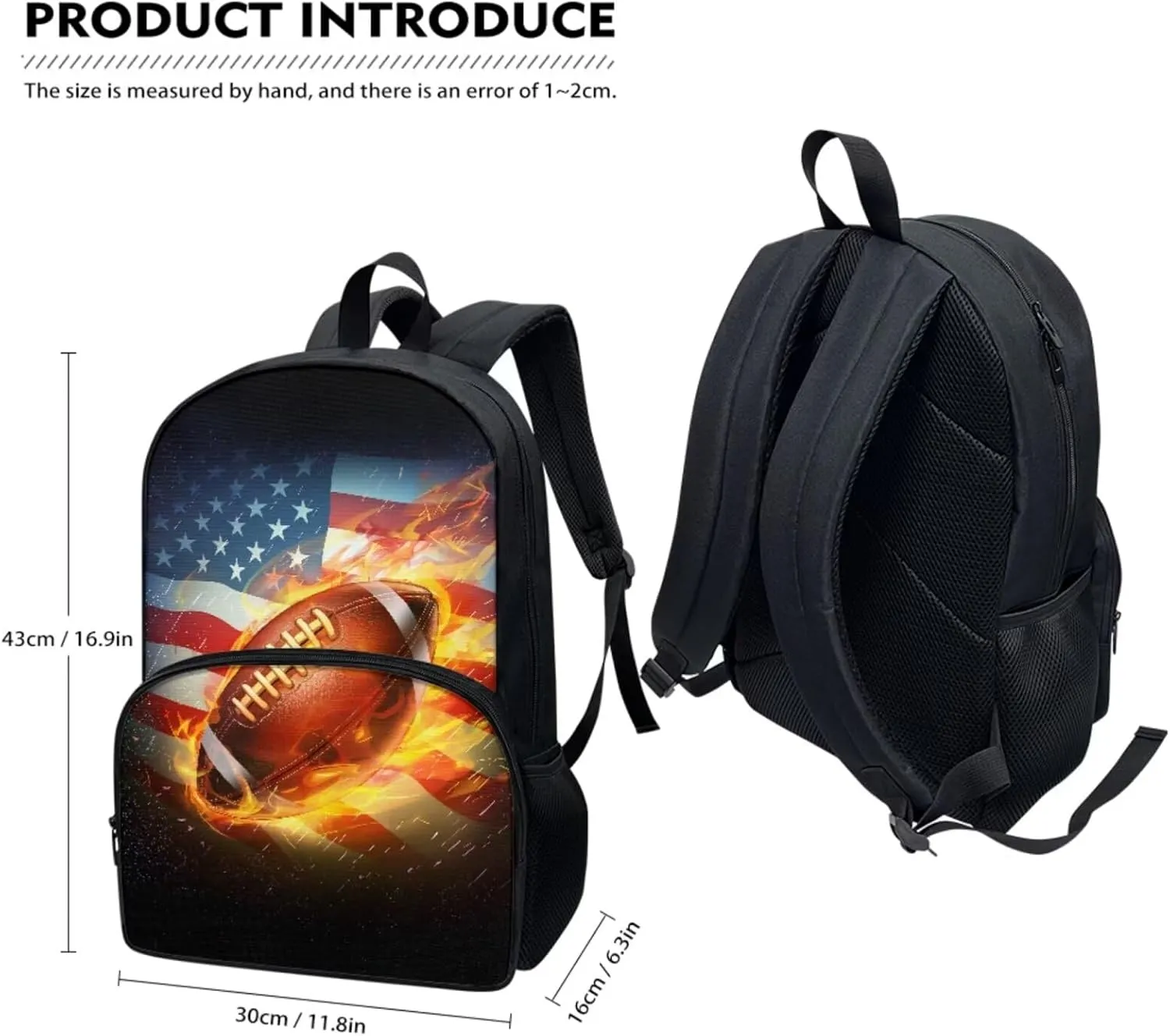 Football School Bookbags for Kids Burning Rugby Shoulders Package Lunch Box Pen Bags for Kids Back to School Gift 3 Pcs School Supplies