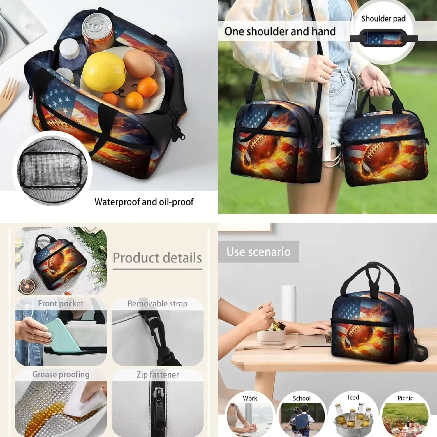 Football School Bookbags for Kids Burning Rugby Shoulders Package Lunch Box Pen Bags for Kids Back to School Gift 3 Pcs School Supplies