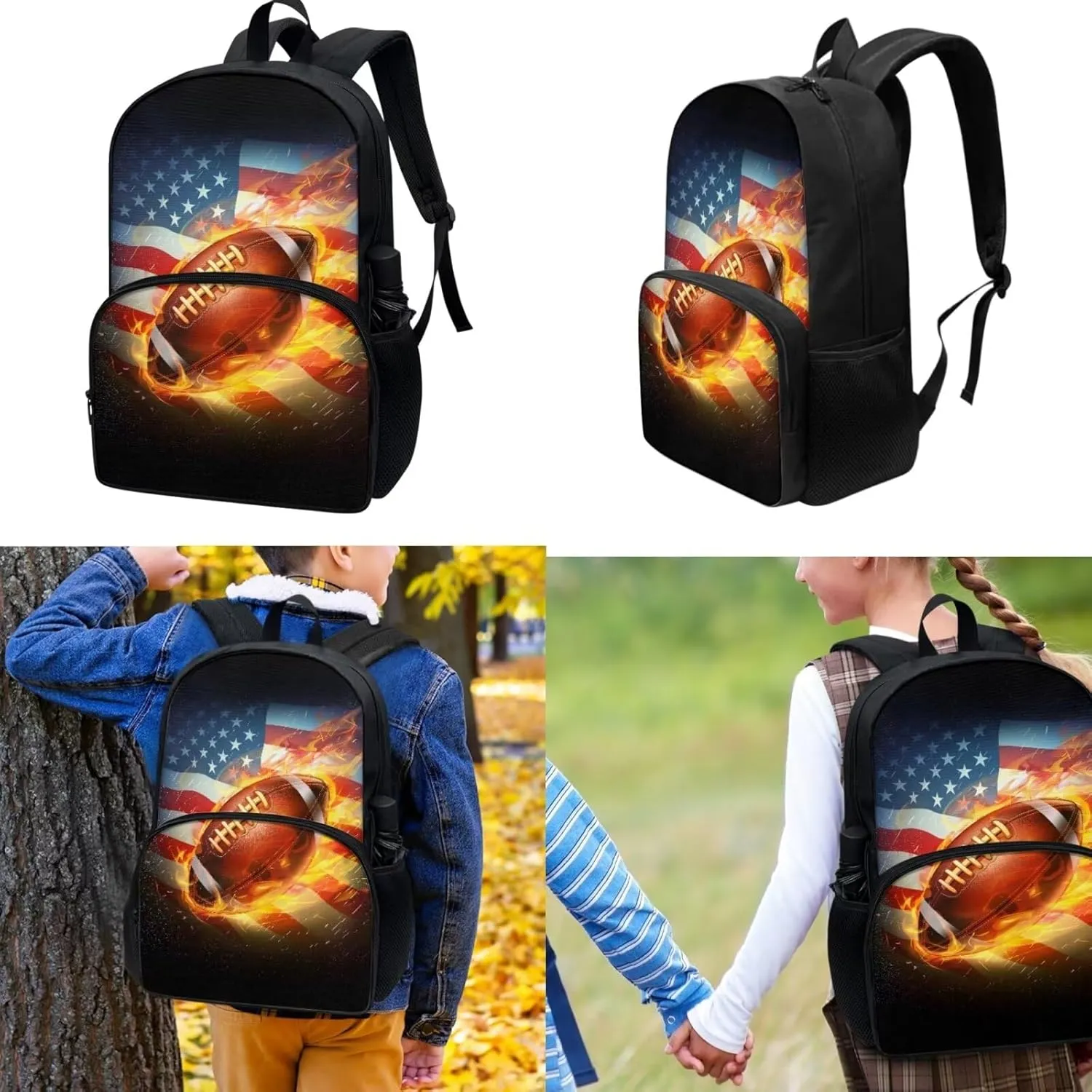 Football School Bookbags for Kids Burning Rugby Shoulders Package Lunch Box Pen Bags for Kids Back to School Gift 3 Pcs School Supplies