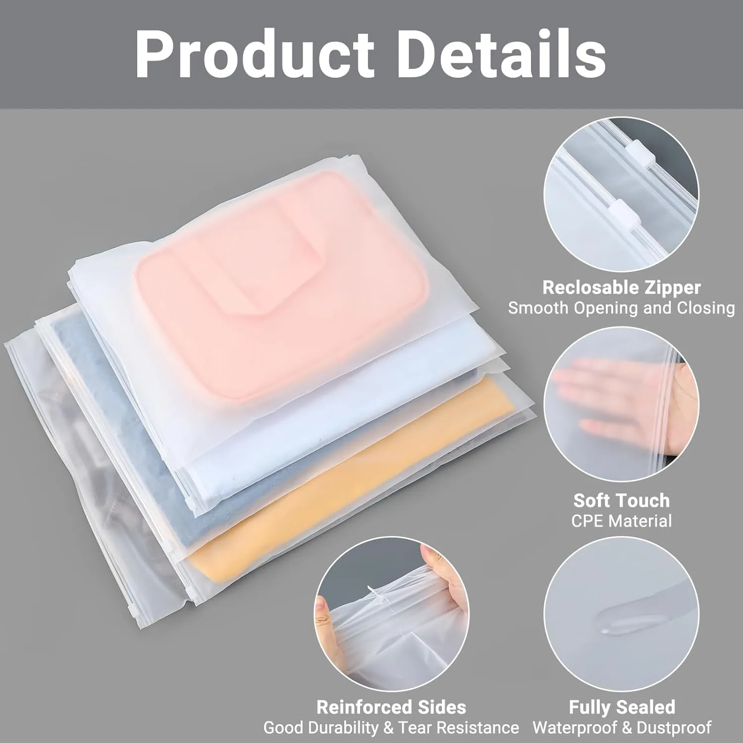 Frosted Zipper Clothing Bags, 50 Pcs 10x13 inch Poly Bags for Shipping, Packaging, Travel Ziplock Bags, Waterproof Swimsuit Bag Plastic Bags for Clothes, T Shirt, Jewelry, 3 Mil