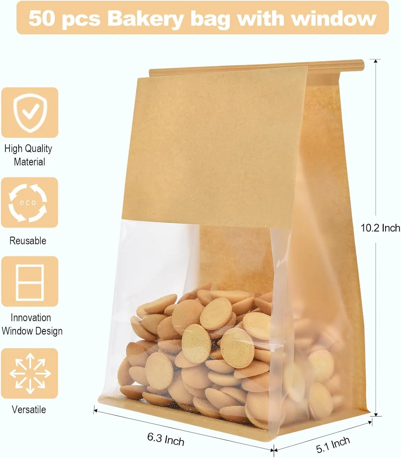 Funcoo 50 Paper Bread Bags for Home Bread Sourdough Bakery Storage Bags with Window, Tin Tie Tab Lock Kraft Paper Bag(10.2'' X 6.3'' X 5.1'') ((Kraft White))