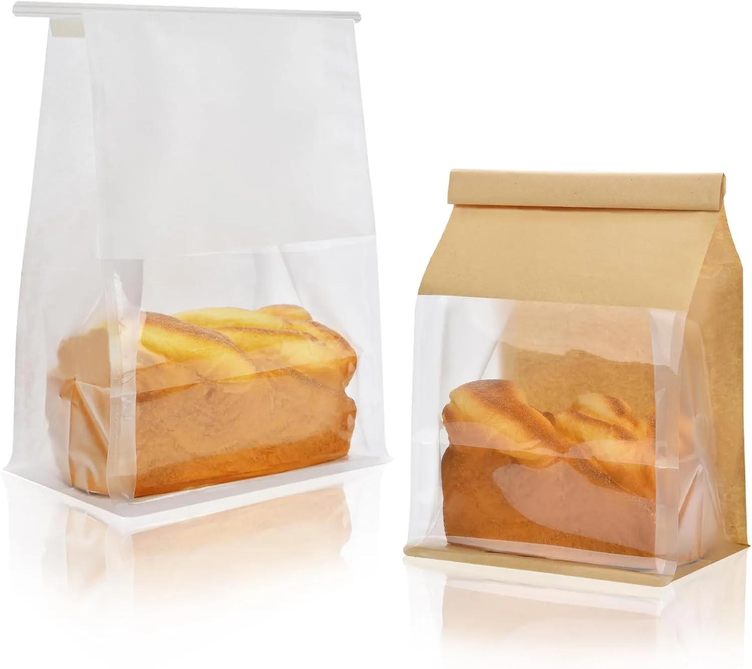 Funcoo 50 Paper Bread Bags for Home Bread Sourdough Bakery Storage Bags with Window, Tin Tie Tab Lock Kraft Paper Bag(10.2'' X 6.3'' X 5.1'') ((Kraft White))