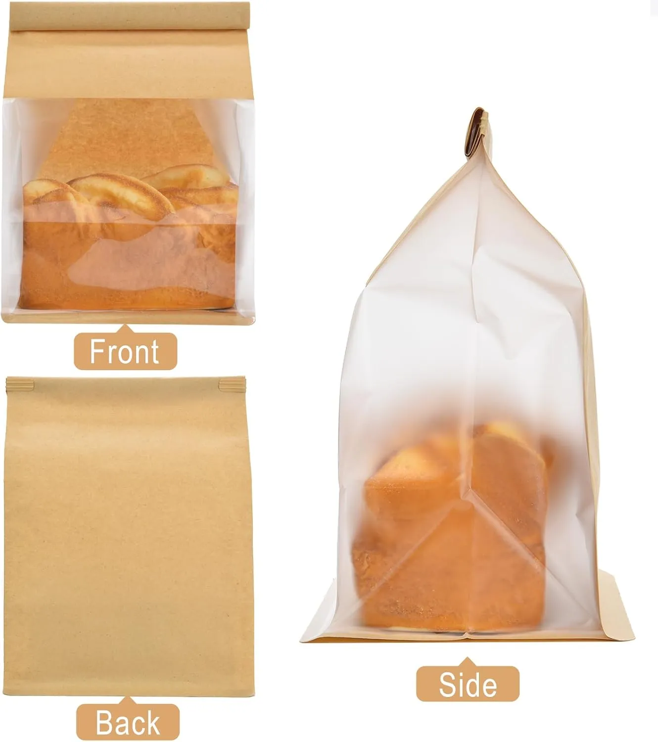 Funcoo 50 Paper Bread Bags for Home Bread Sourdough Bakery Storage Bags with Window, Tin Tie Tab Lock Kraft Paper Bag(10.2'' X 6.3'' X 5.1'') ((Kraft White))