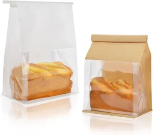 Funcoo 50 Paper Bread Bags for Home Bread Sourdough Bakery Storage Bags with Window, Tin Tie Tab Lock Kraft Paper Bag(10.2'' X 6.3'' X 5.1'') ((Kraft White))