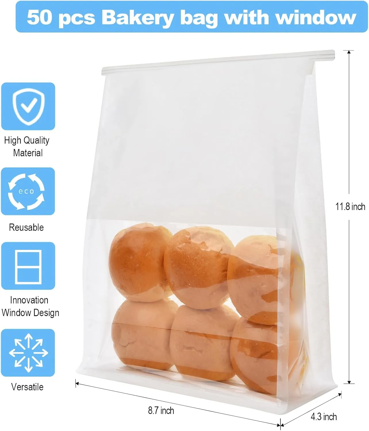 Funcoo 50 Pcs Paper Bread Bags for Home Sourdough Bread Bakery Storage Bags with Window, Large Bakery Loaf Bag for Baked Goods Packaging (11'' X 8.7'' X 4.3'') (White)