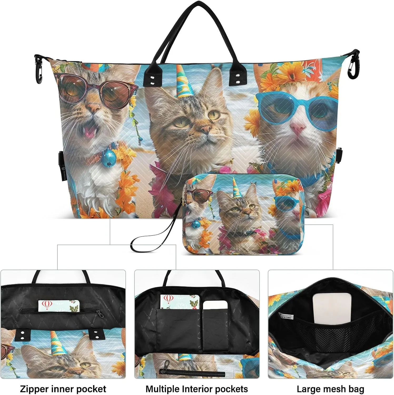 Funny Cats Tropical Party Duffel Bags Travel Bags for Luggage Gym Bag Women Large Weekender Bag