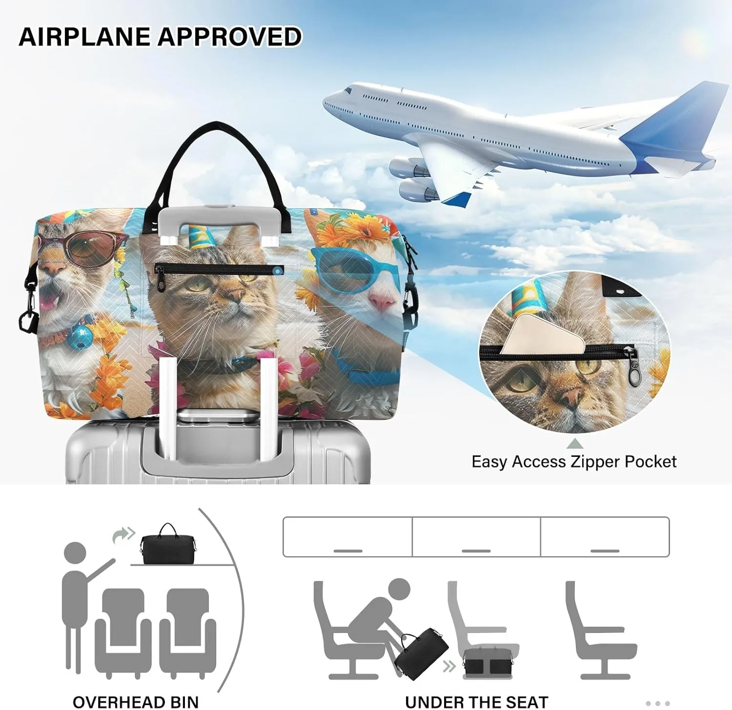 Funny Cats Tropical Party Duffel Bags Travel Bags for Luggage Gym Bag Women Large Weekender Bag