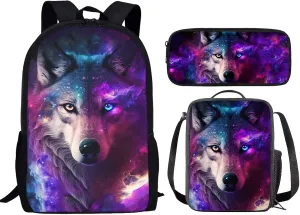 Galaxy Wolf School Bags for Boys with Lunch Box Pencil Case, Bookbag for 10-12 Year Old Kids Backpack Elementary School Girls Book Bags Lunchbox with Water Bottle Holder