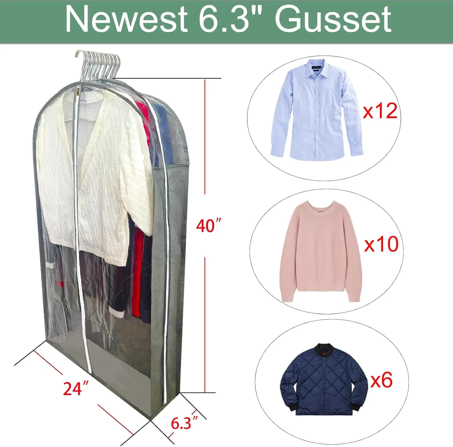 Garment Bags for Hanging Clothes with 6.3" Gusset, 40" Suit Bags for Closet Storage, Clear Suits Covers and Side Zipper Protector for Jacket, Coat, Sweater, Shirts, Clothing, Grey/3 Packs