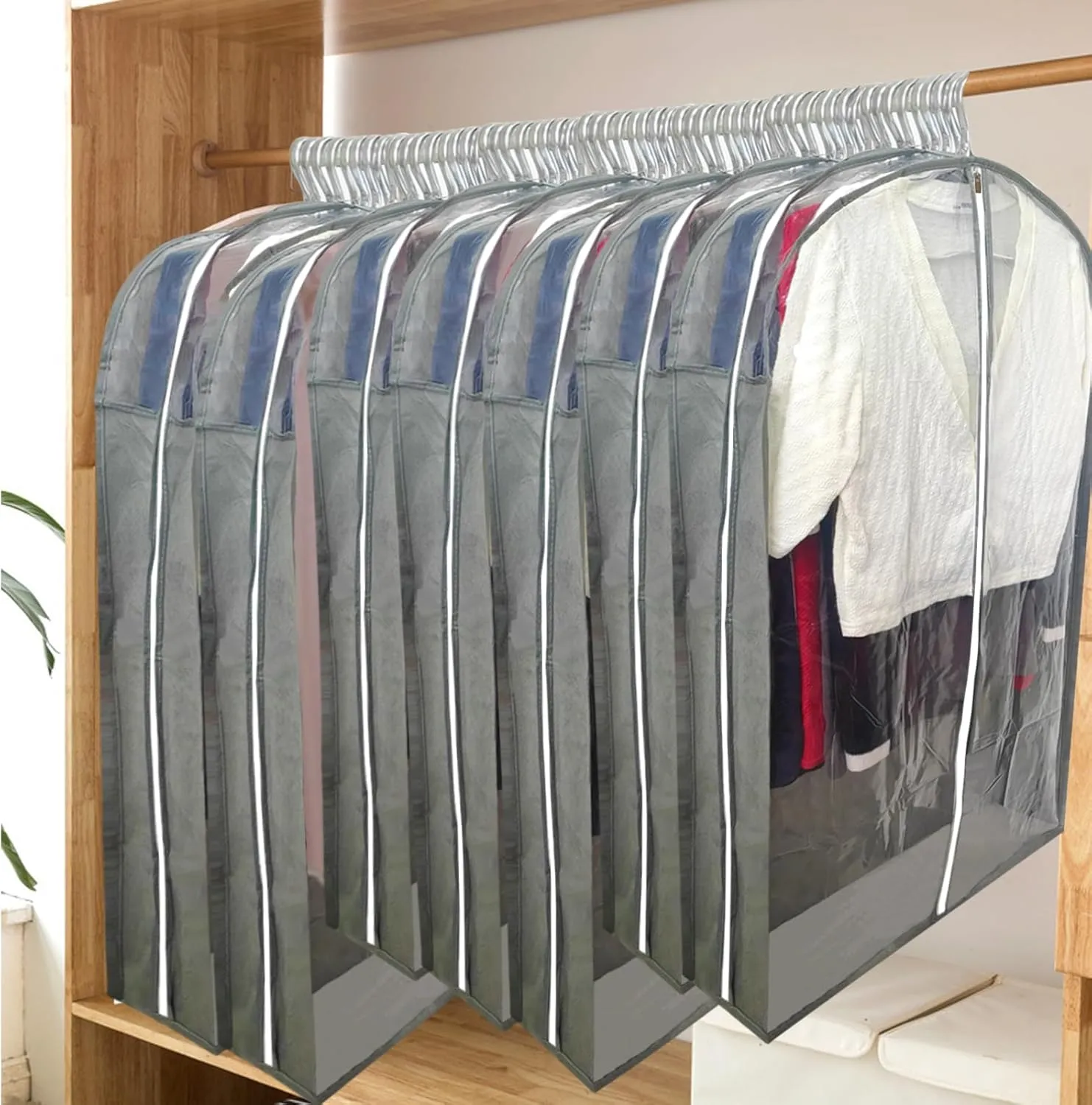 Garment Bags for Hanging Clothes with 6.3" Gusset, 40" Suit Bags for Closet Storage, Clear Suits Covers and Side Zipper Protector for Jacket, Coat, Sweater, Shirts, Clothing, Grey/3 Packs