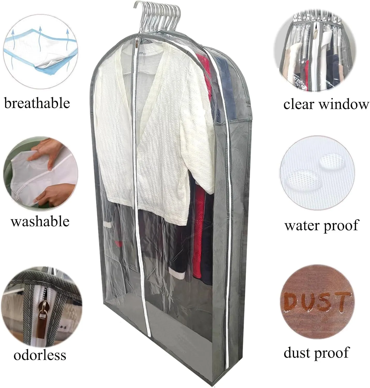 Garment Bags for Hanging Clothes with 6.3" Gusset, 40" Suit Bags for Closet Storage, Clear Suits Covers and Side Zipper Protector for Jacket, Coat, Sweater, Shirts, Clothing, Grey/3 Packs