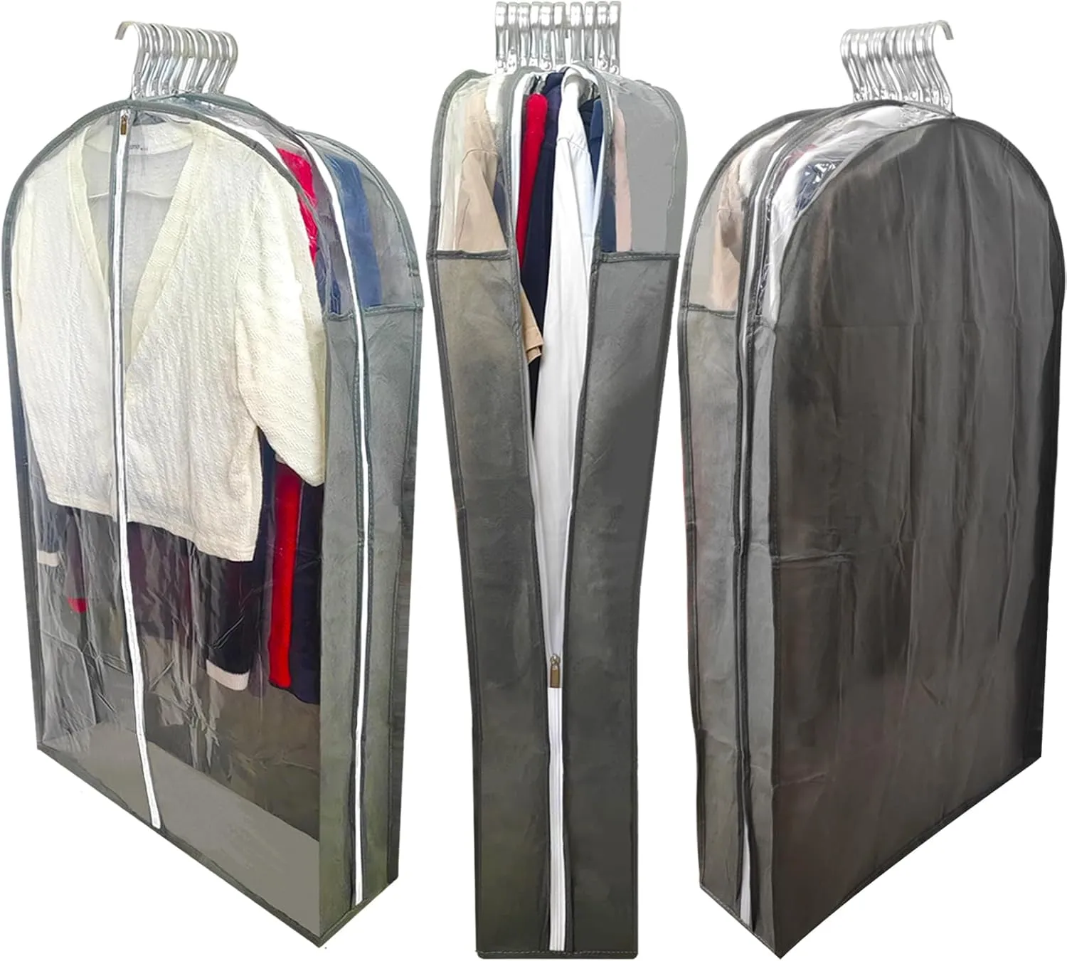 Garment Bags for Hanging Clothes with 6.3" Gusset, 40" Suit Bags for Closet Storage, Clear Suits Covers and Side Zipper Protector for Jacket, Coat, Sweater, Shirts, Clothing, Grey/3 Packs