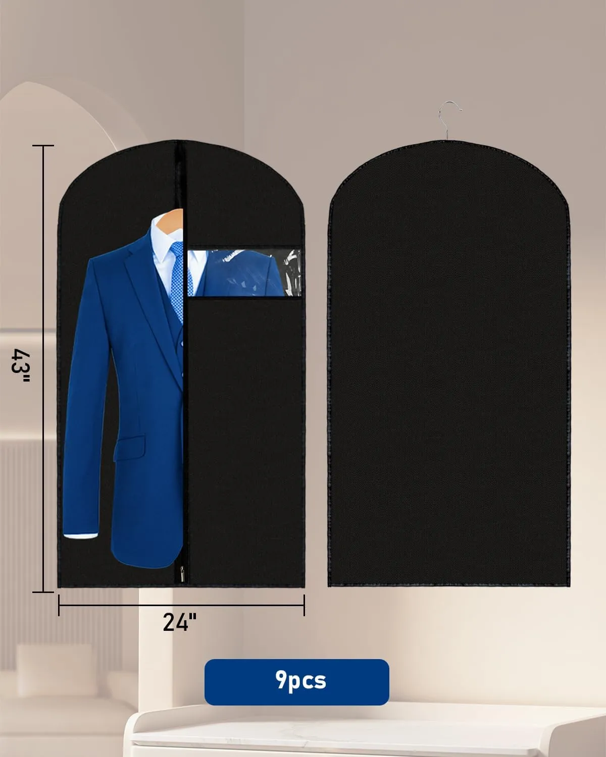 Garment Bags Suit Bags 24 x 43 Inch, 9 Packs Garment Covers for Hanging Clothes on Closet or Travel, PEVA (70GSM) Suit Covers for Storage Suits, T-shirts and Jackets