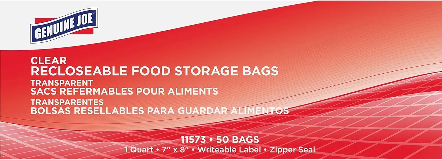 Genuine Joe Quart Recloseable Food Storage Bag with Writeable Label, Zipper Seal Closure, 1.75 mil (44 Micron) Thickness, Clear, 50 / Box, 9 Count