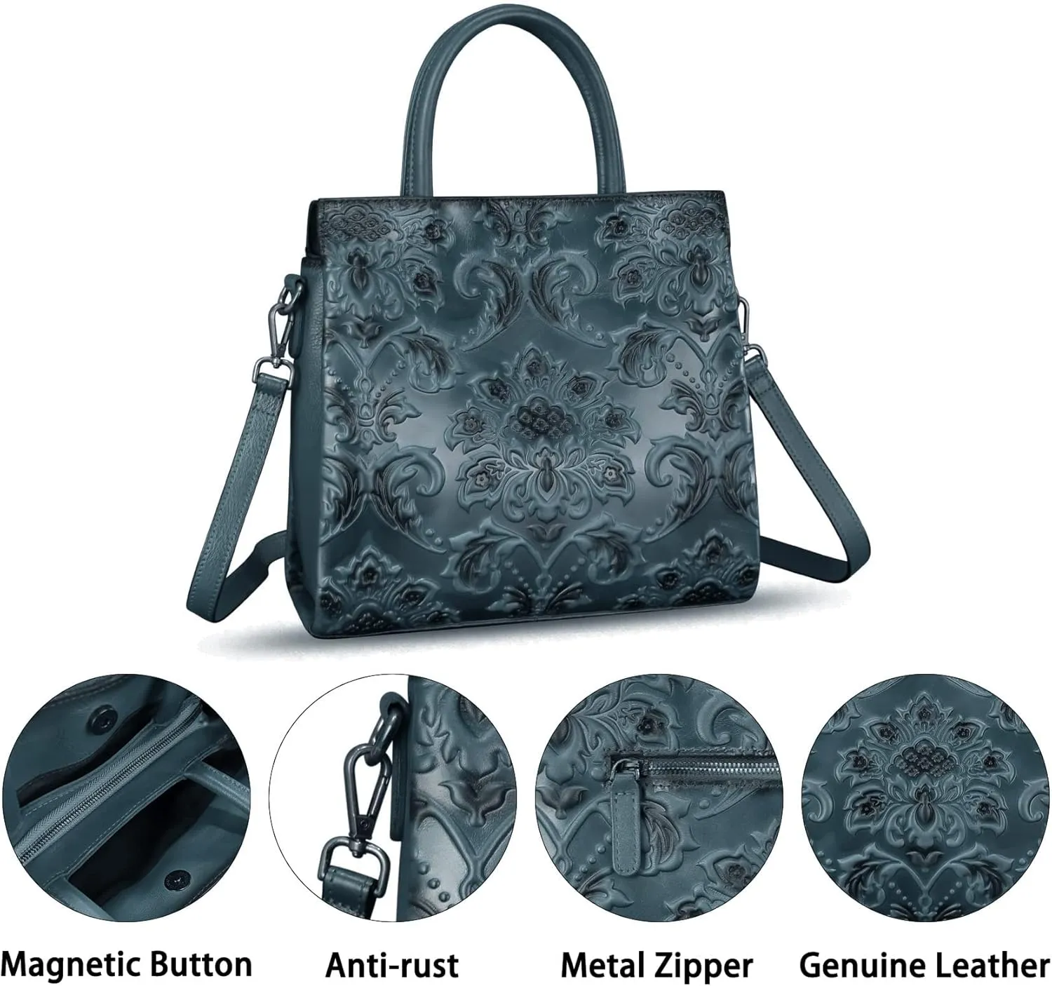 Genuine Leather Purses and Handbags for Women Vintage Embossed Leather Tote Bag Crossbody Shoulder Bag Satchel Bags