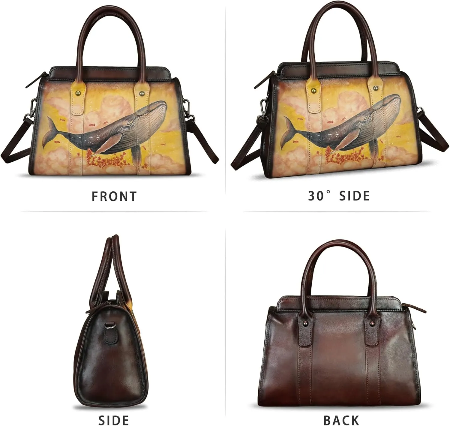 Genuine Leather Satchel for Women Hand Painted Handbag Purse Top Handle Bags Handmade Purse Crossbody Tote Bag