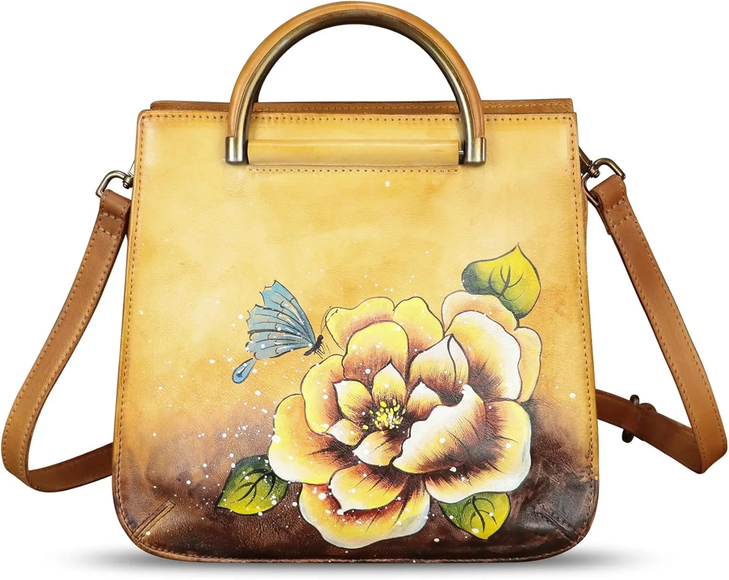 Genuine Leather Satchel for Women Hand Painted Leather Handbag Top Handle Bags Handmade Purse Crossbody Bag Purse