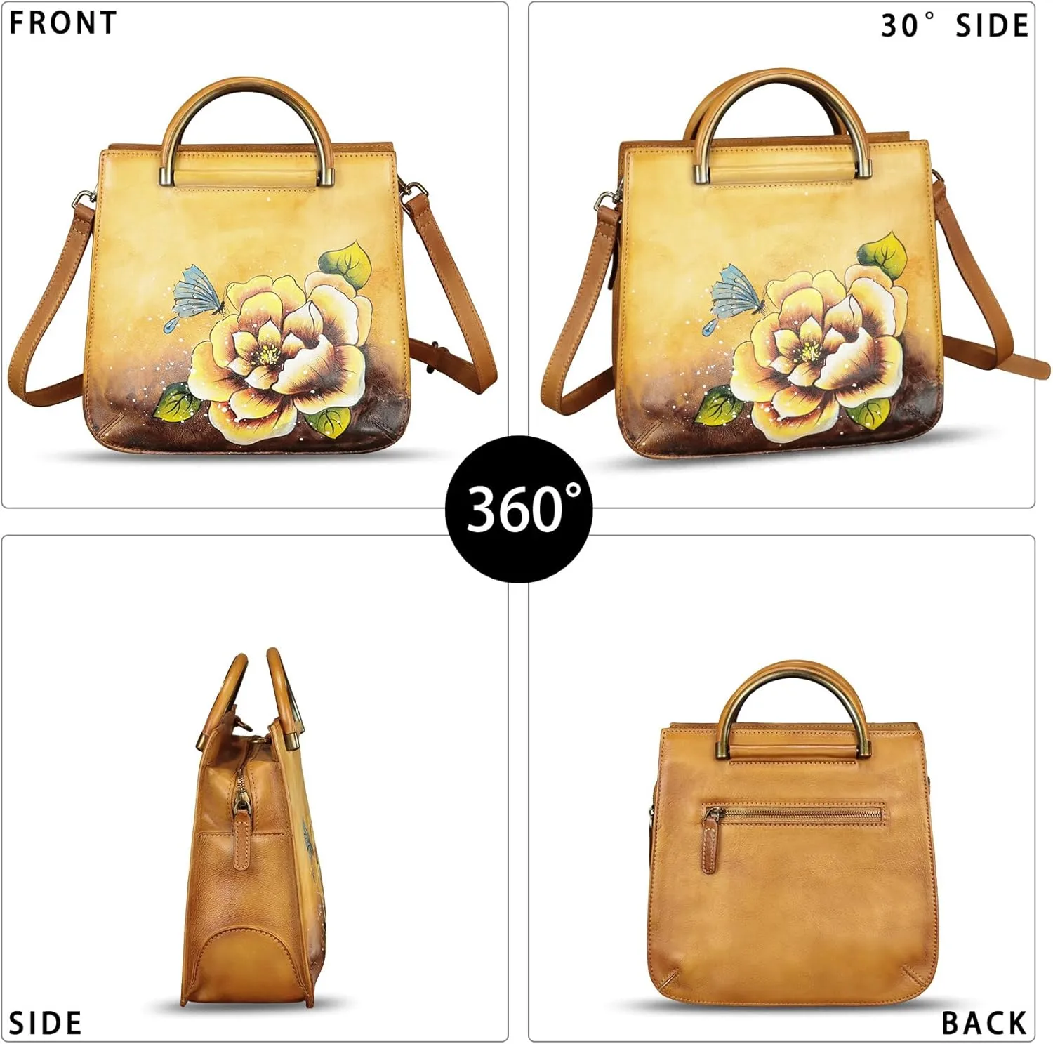 Genuine Leather Satchel for Women Hand Painted Leather Handbag Top Handle Bags Handmade Purse Crossbody Bag Purse
