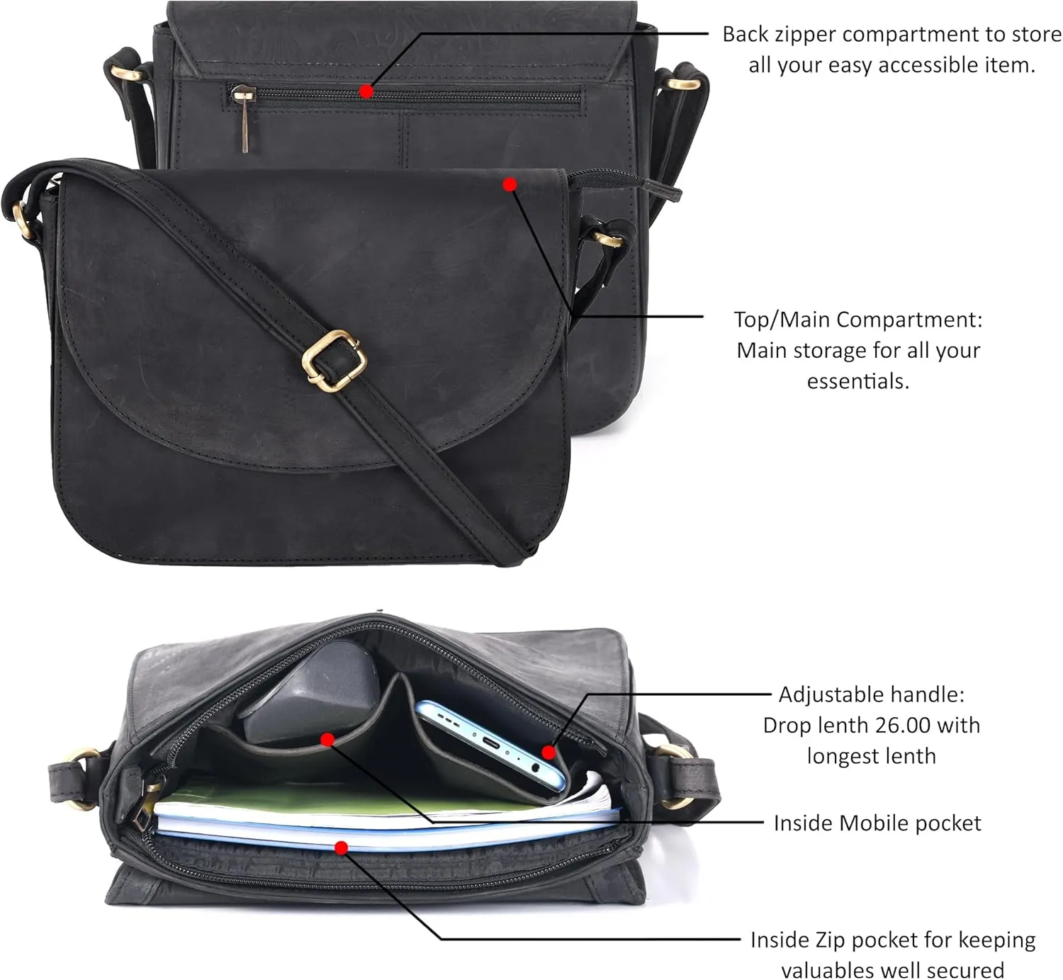 Genuine Leather Shoulder Crossbody Purse For Women with Adjustable Strap, Mobile Pocket & Outside & Inside Zipper