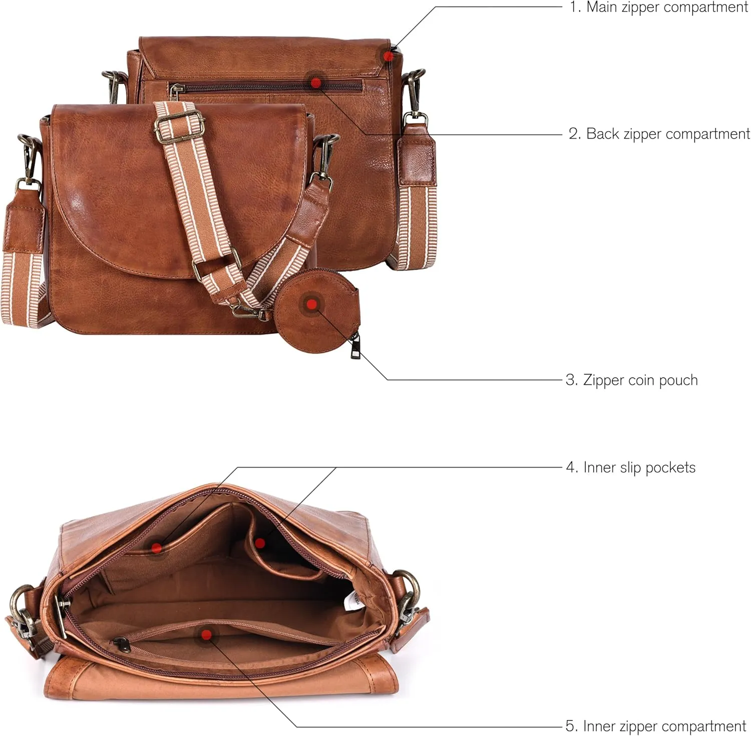 Genuine Leather Shoulder Crossbody Purse For Women with Adjustable Strap, Mobile Pocket & Outside & Inside Zipper