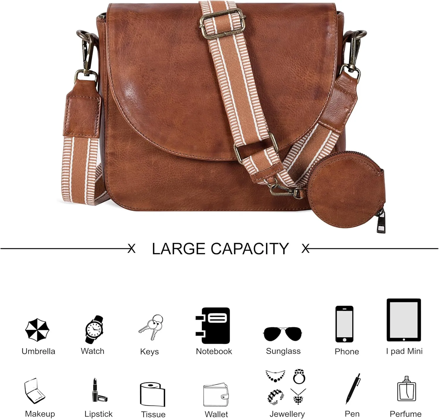 Genuine Leather Shoulder Crossbody Purse For Women with Adjustable Strap, Mobile Pocket & Outside & Inside Zipper