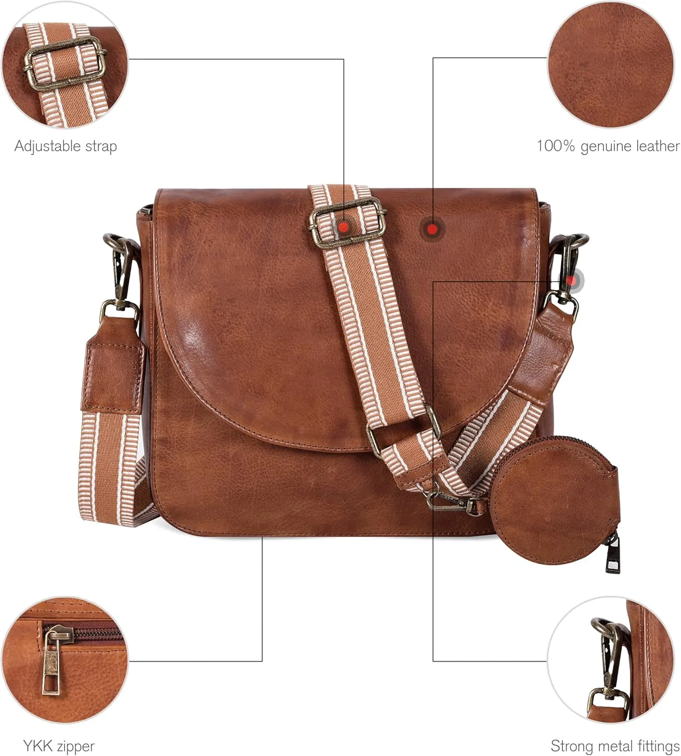 Genuine Leather Shoulder Crossbody Purse For Women with Adjustable Strap, Mobile Pocket & Outside & Inside Zipper