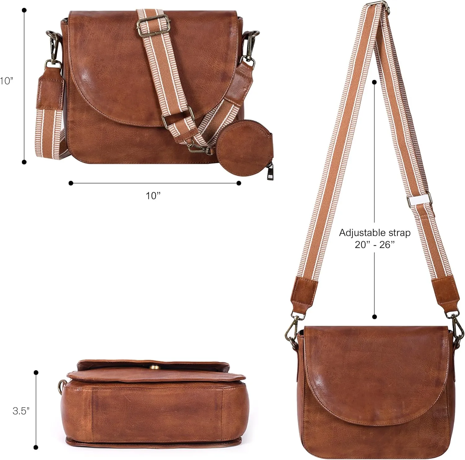 Genuine Leather Shoulder Crossbody Purse For Women with Adjustable Strap, Mobile Pocket & Outside & Inside Zipper