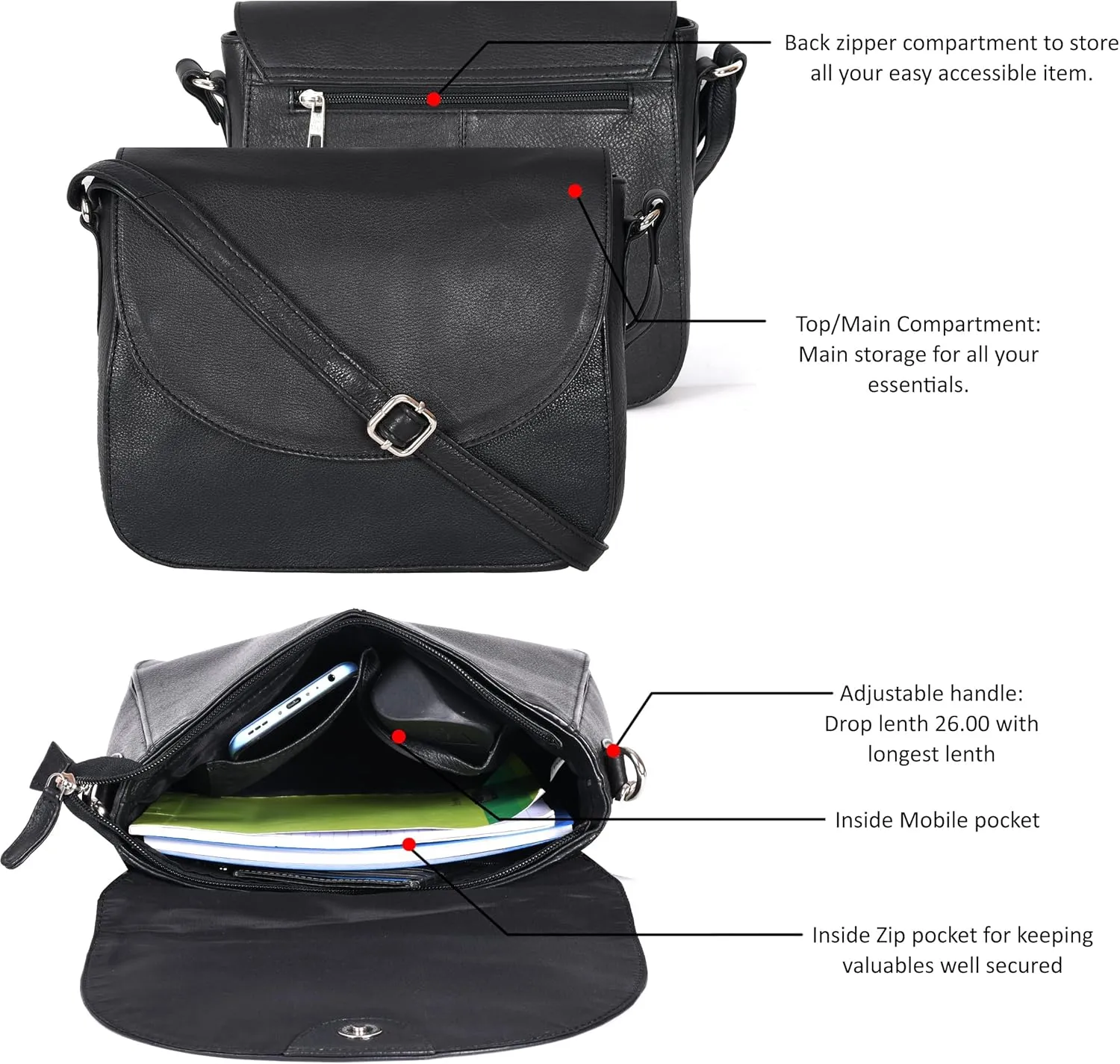 Genuine Leather Shoulder Crossbody Purse For Women with Adjustable Strap, Mobile Pocket & Outside & Inside Zipper