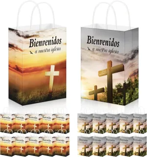 Geyoga 50 Pcs Spanish Church Welcome Bags 5.9 x 3.15 x 8.27 Inch Bienvenidos a Nuestra Iglesia Landscape Religious Gift Bags with Handles for Church Visitors Christian Guest Gifts Baptism Party