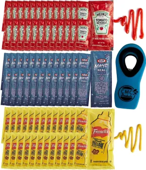 Gift Set: 25 Ketchup, 25 Mustard & 25 Mayo Packets - 75 Total Condement Packs with CMC Products Clip and Spreader