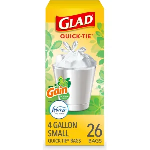 Glad Trash Bags, OdorShield Small Garbage Bags, Gain Original with Febreze Freshness, 4 Gallon, 26 Count, 26 ct