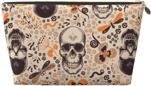 Gorgeous Floral Skeleton Skulls Woodcut Retro Small Makeup Bag For Purse,Leather Cosmetic Bags For Girls Women Zipper Travel Toiletry Pouch Makeup Bags